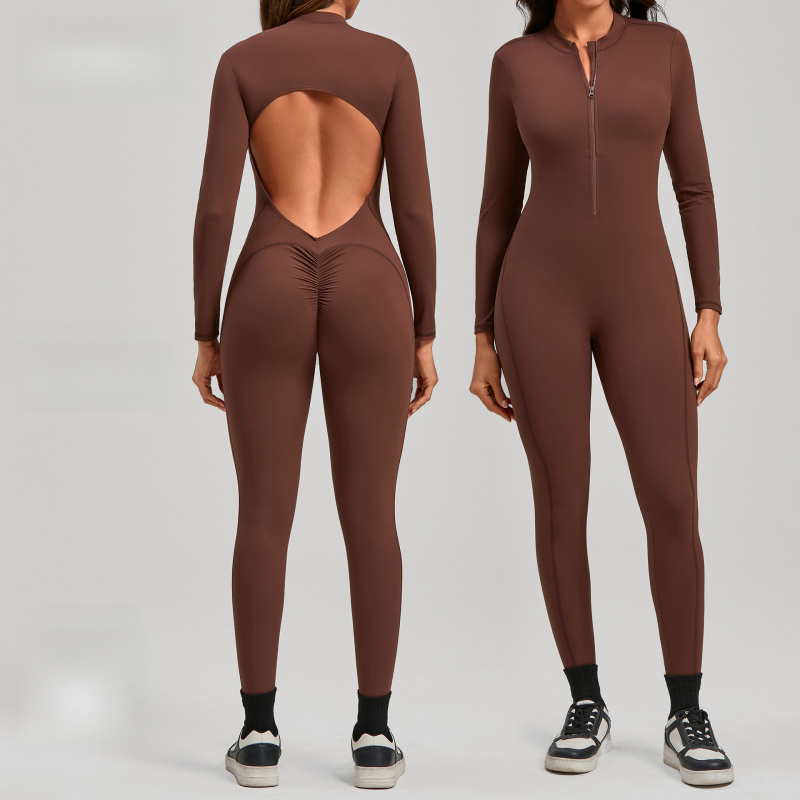 Yoga Fitness Jumpsuit - Fermuarlı Uzun Kollu Ten Rengi Yoga
